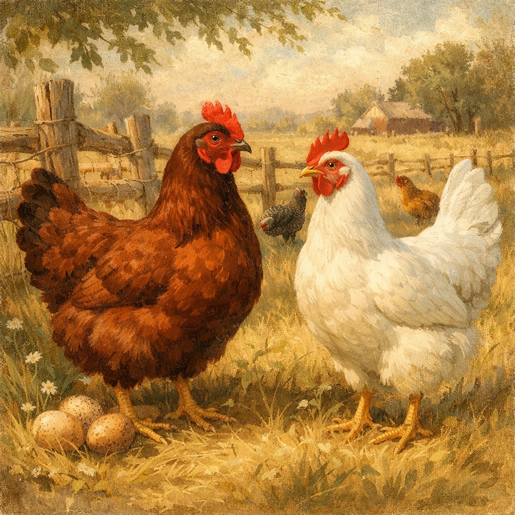 Rhode Island Red and White Leghorn hens on pasture at Faithful Flock Farm