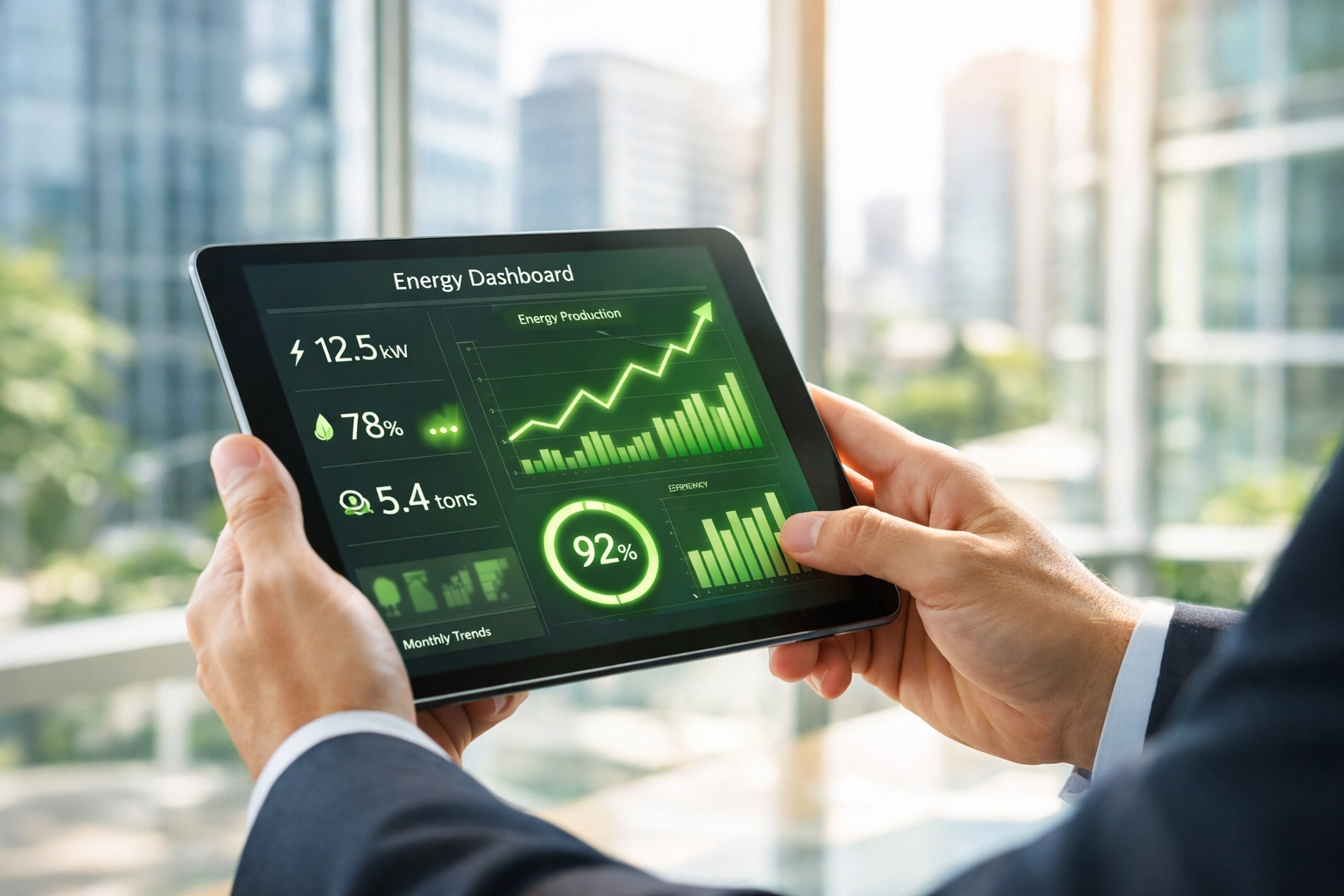 Business professional monitoring commercial solar energy ROI and performance on a digital tablet dashboard.