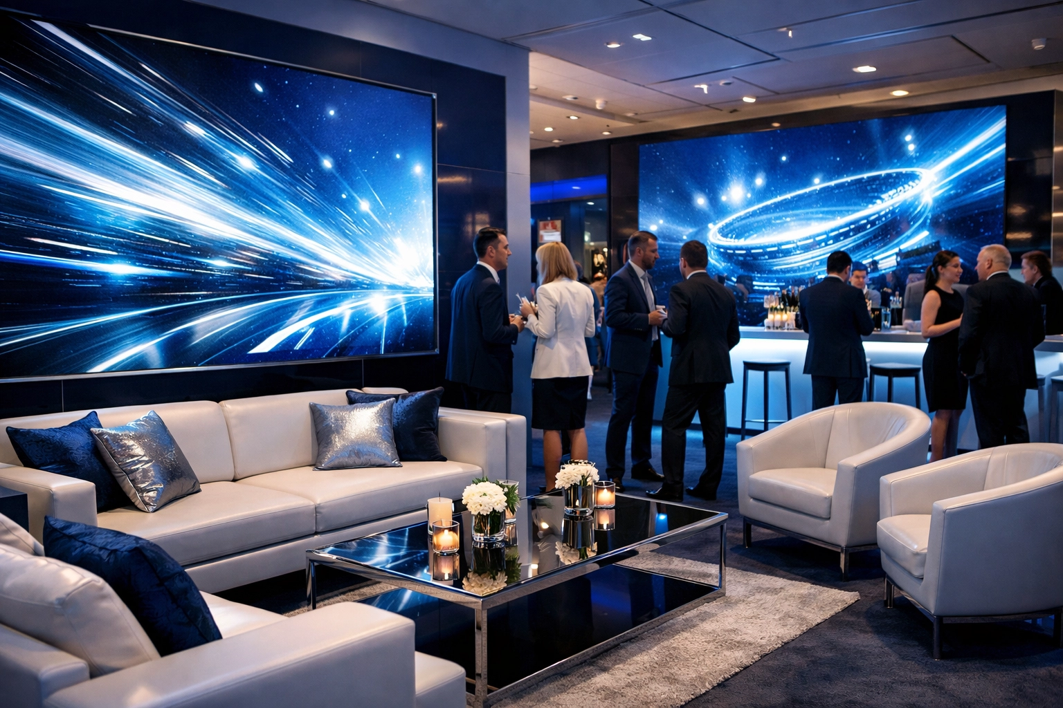 High-end corporate branding lounge with digital displays for Super Bowl marketing and VIP networking.