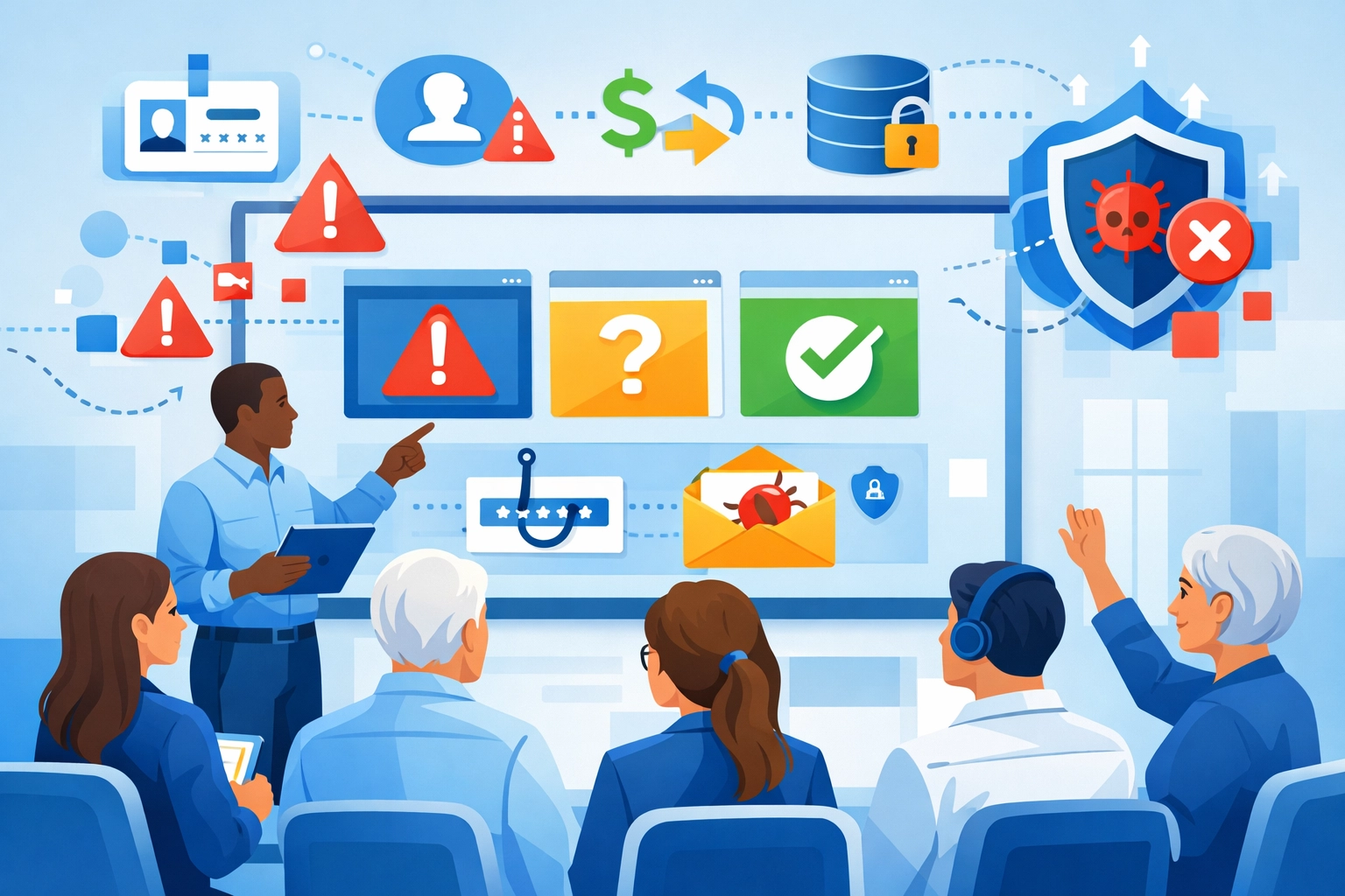 Diverse team engaged in cybersecurity training session learning to identify phishing threats