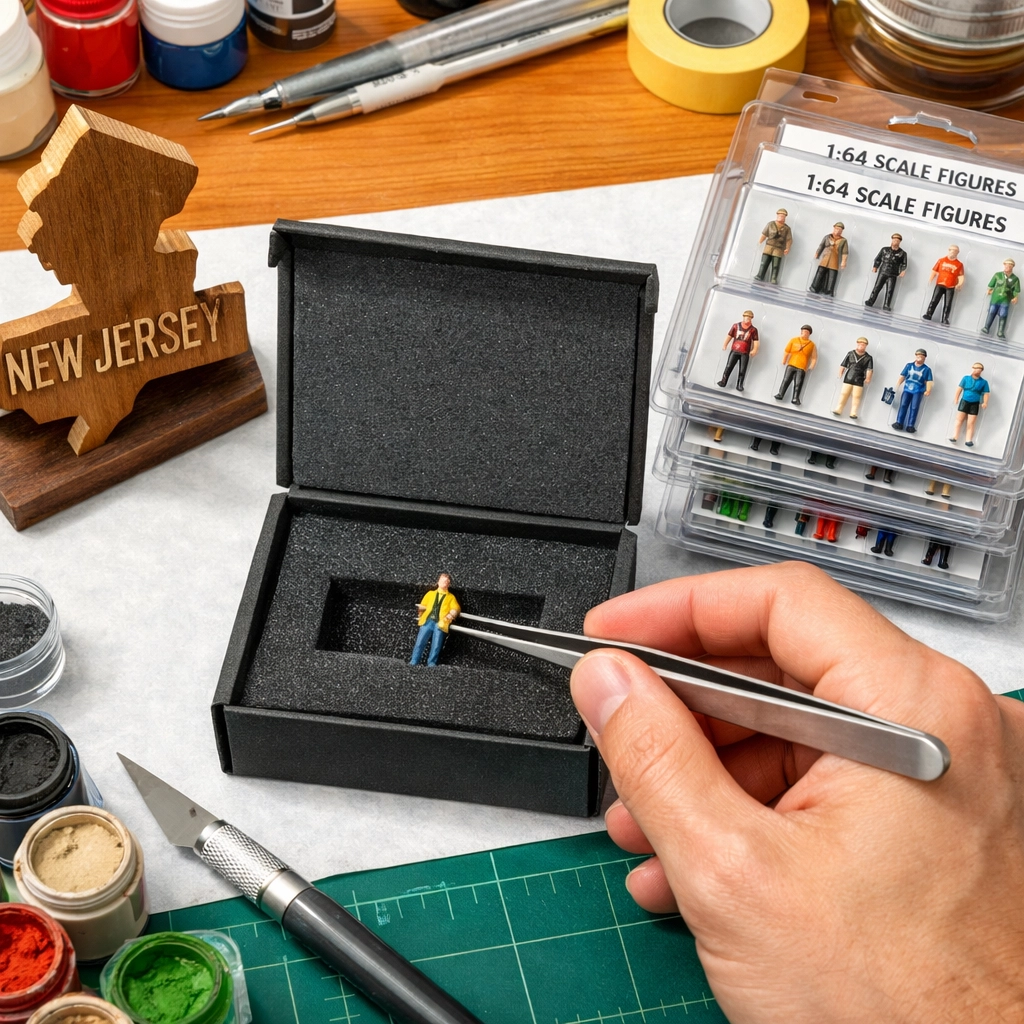 Professional packaging of 1:64 scale figures at a New Jersey based hobby shop workbench.