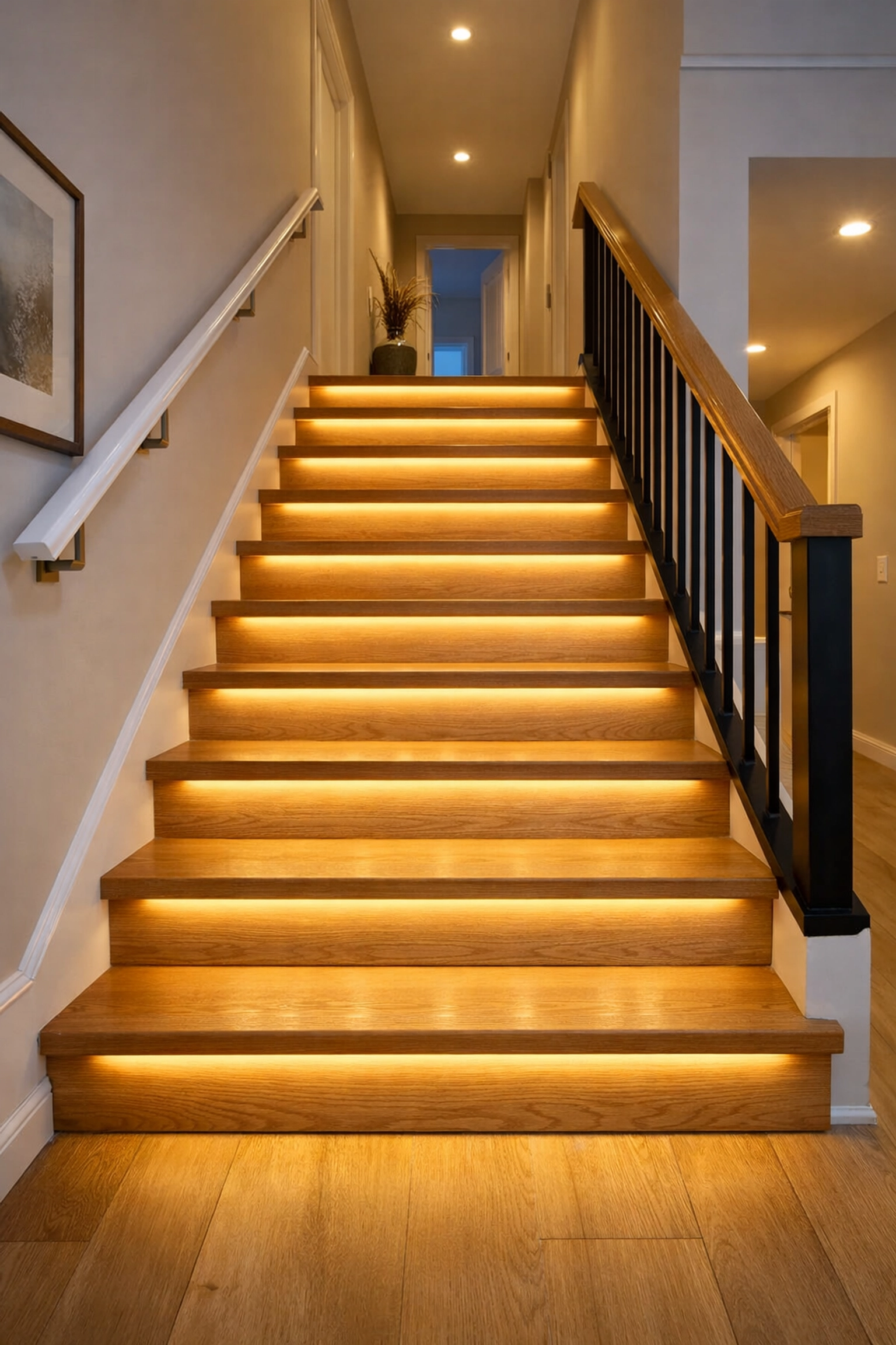 Illuminated residential stairs with LED path lighting under each tread for enhanced nighttime visibility.