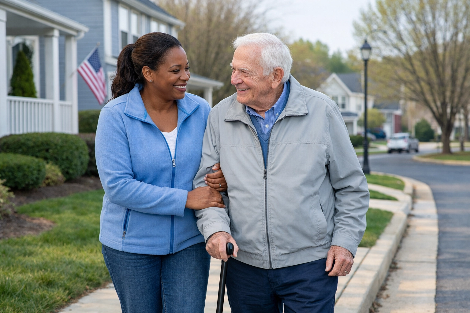 Caregiver assisting elderly man on walk in Northern Virginia neighborhood