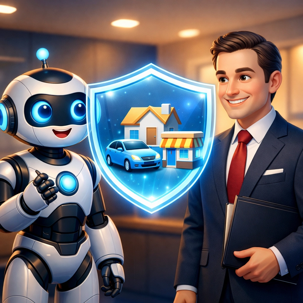 AI assistant and advisor reviewing a protective shield representing 2026 insurance regulation updates.