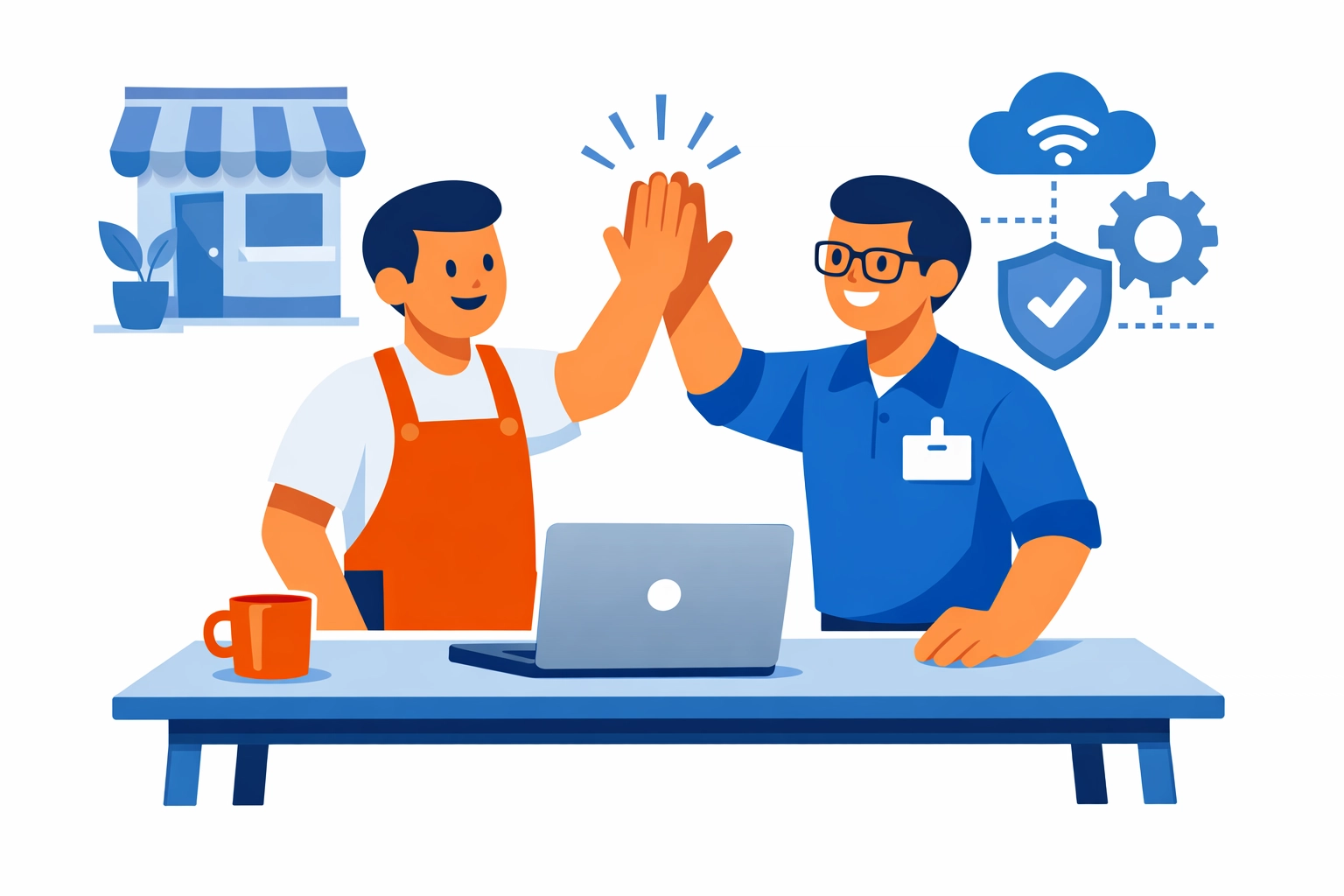 A business owner and IT expert high-fiving, showing successful small business IT support and partnership.