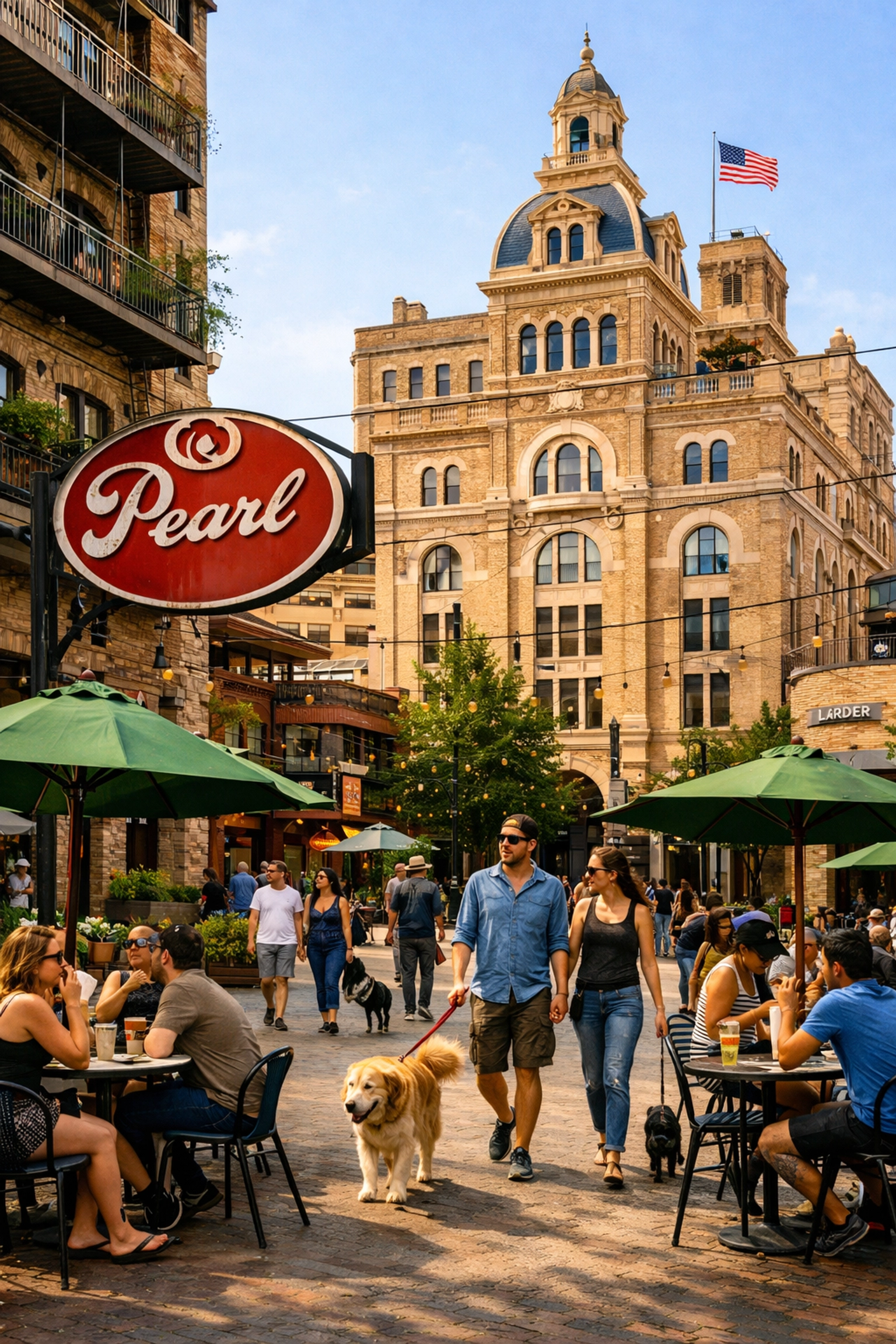 Pedestrians enjoy the walkable Pearl District, a top area to buy a home in San Antonio, TX.
