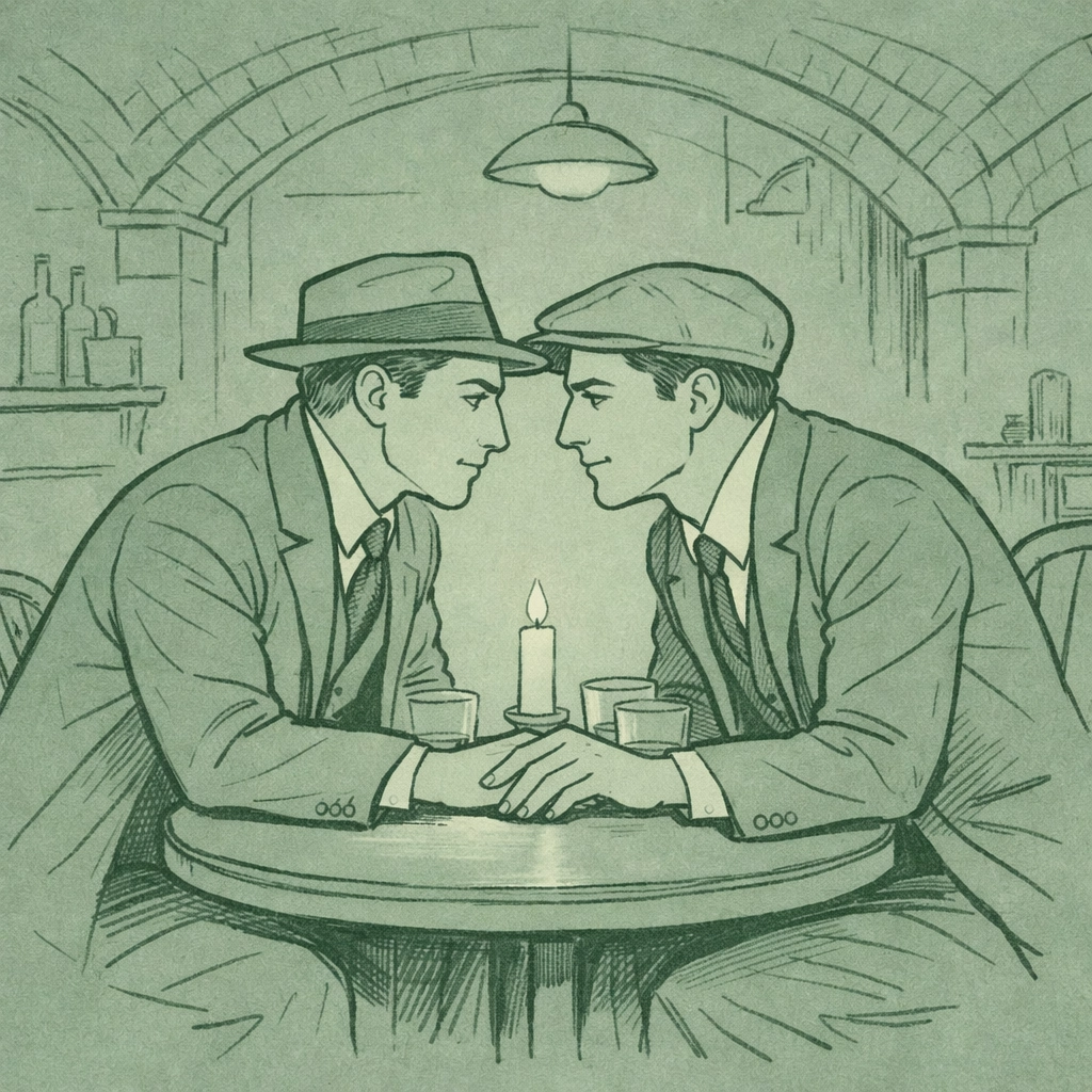 Minimalist drawing of a gay couple in a 1920s Soho secret club, reflecting historical gay fiction themes.