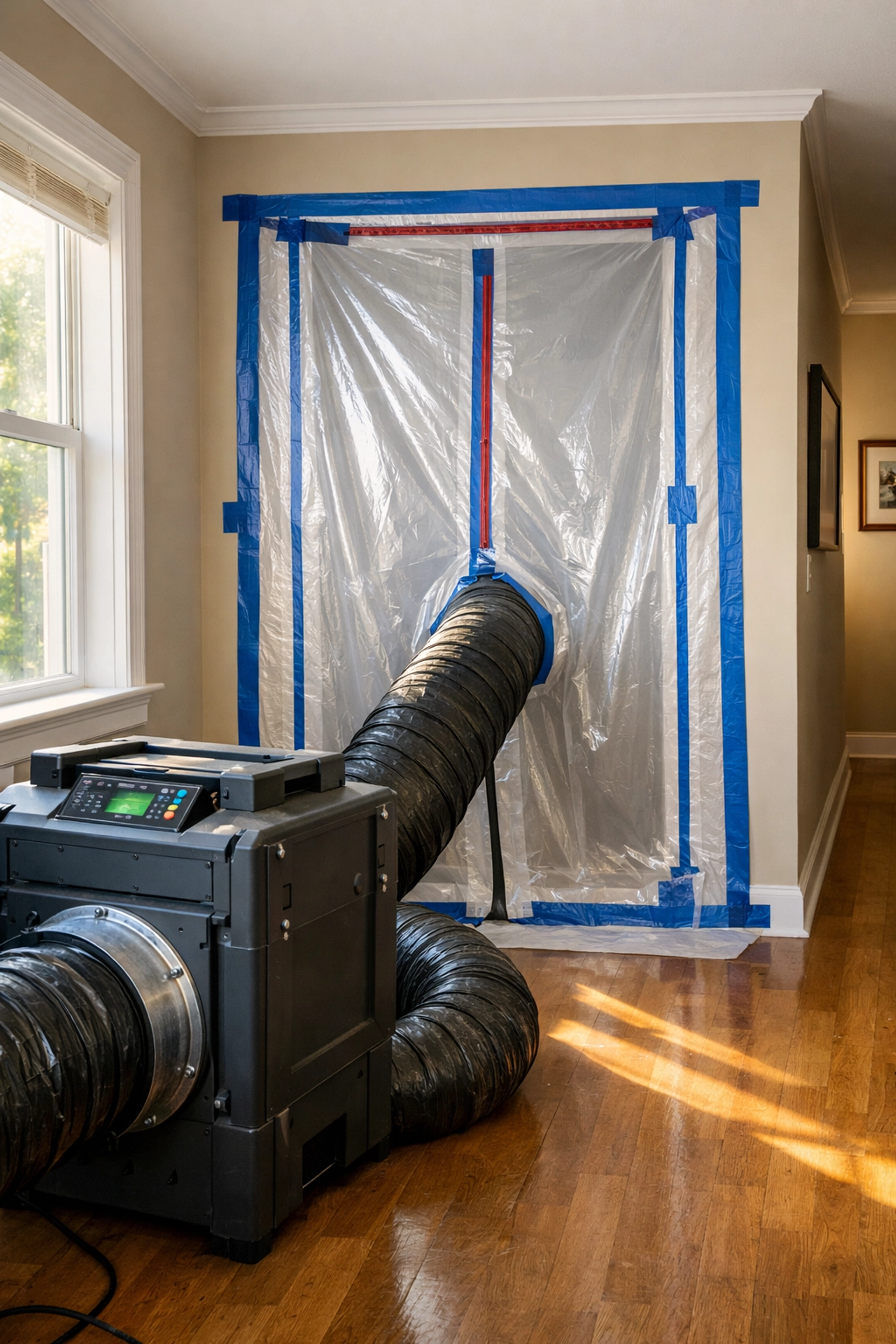Professional mold remediation containment setup using plastic sheeting and industrial air scrubbing equipment.
