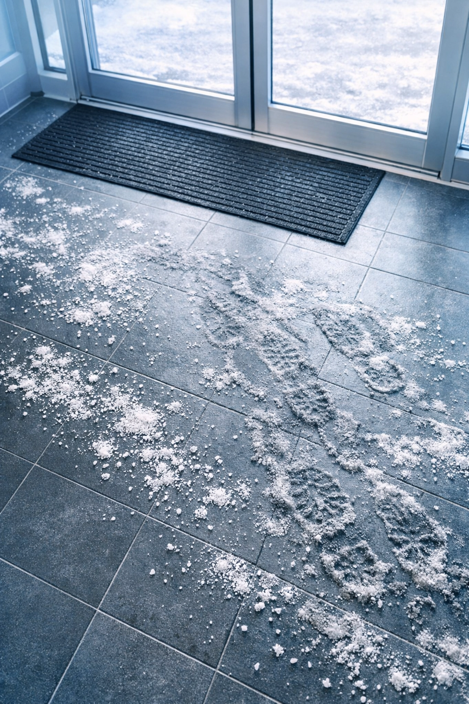 White salt crystals and winter slush tracks damaging a commercial entryway floor in Waterloo, Iowa.