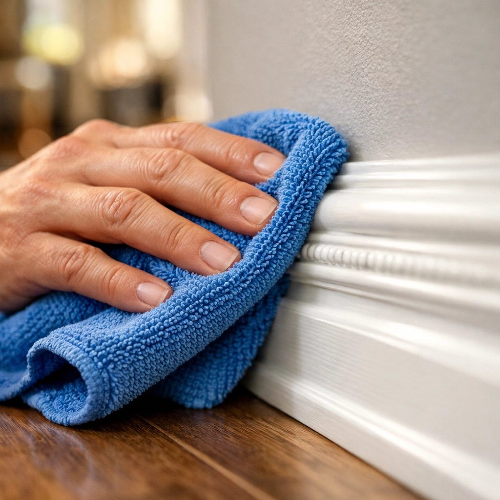 Professional move-in/move-out cleaning Lowell detail work on white baseboards using a microfiber cloth.