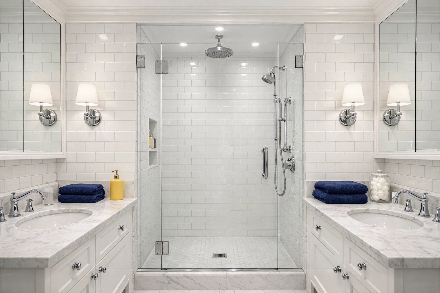 Spotless luxury bathroom with white subway tiles after professional apartment cleaning in Boston.
