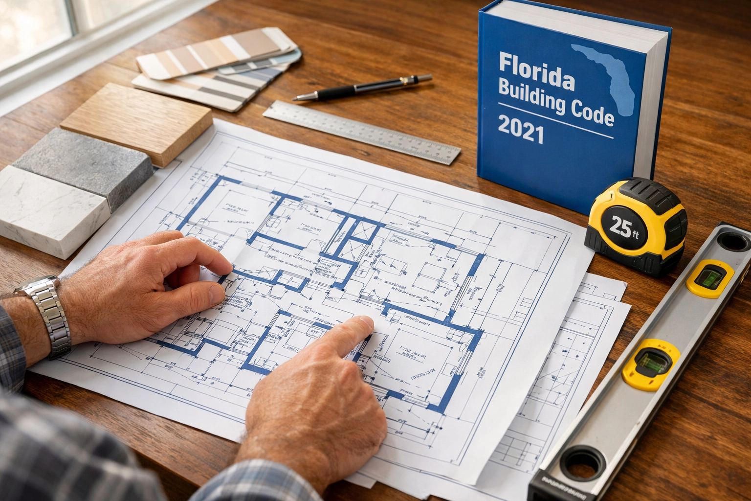 Contractor reviewing architectural blueprints and material samples for Orlando home renovation