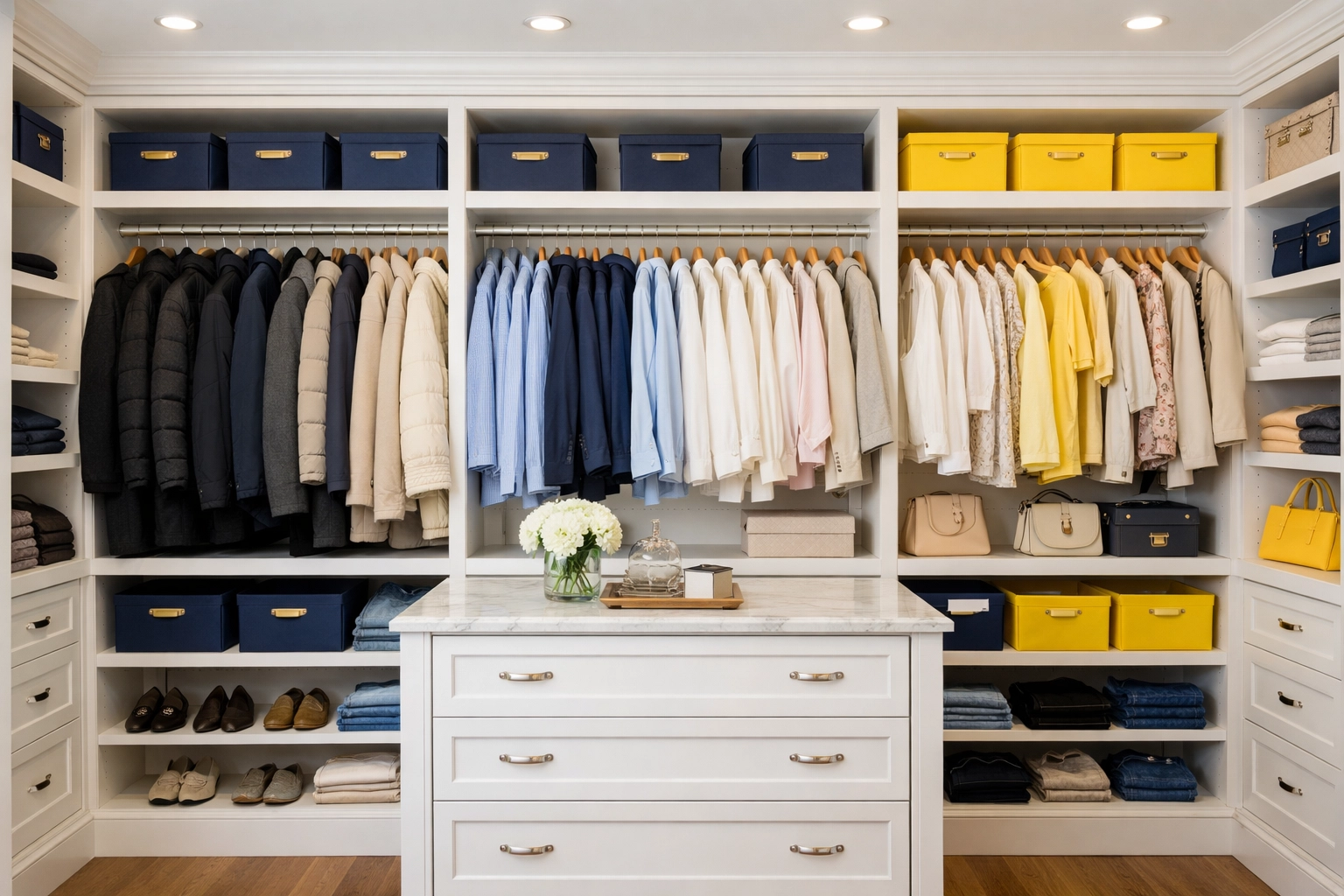 Organized walk-in closet in a Massachusetts home, a key task for efficient Apartment Cleaning Massachusetts.