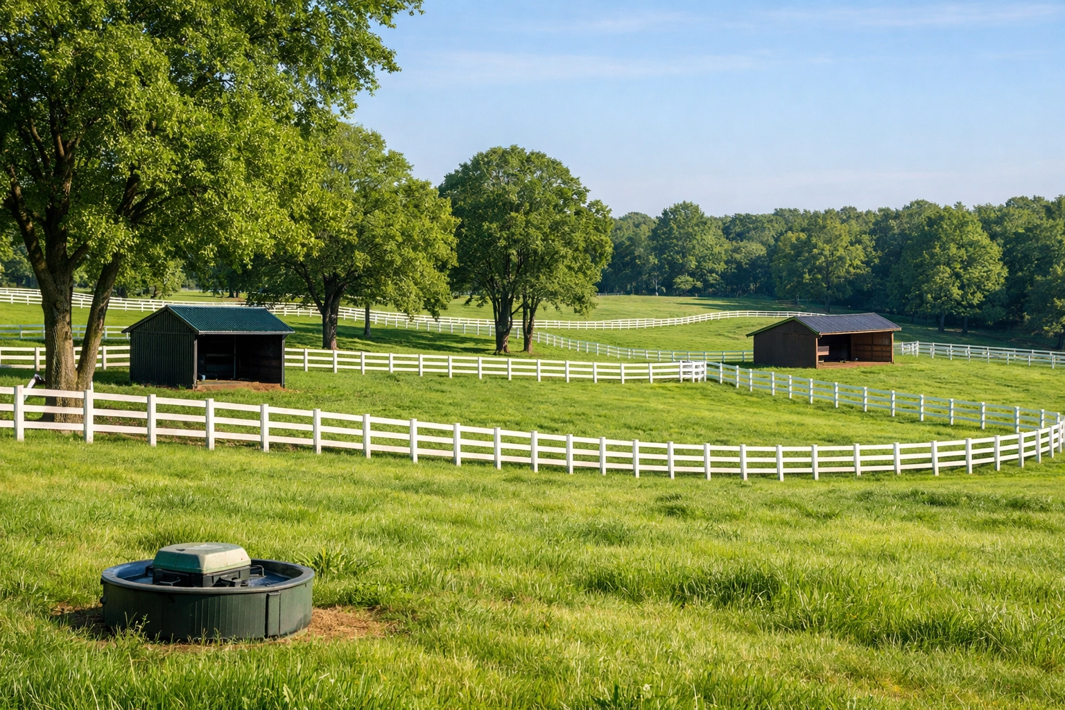 Healthy horse pastures with board fencing and run-in sheds on Union County equestrian property