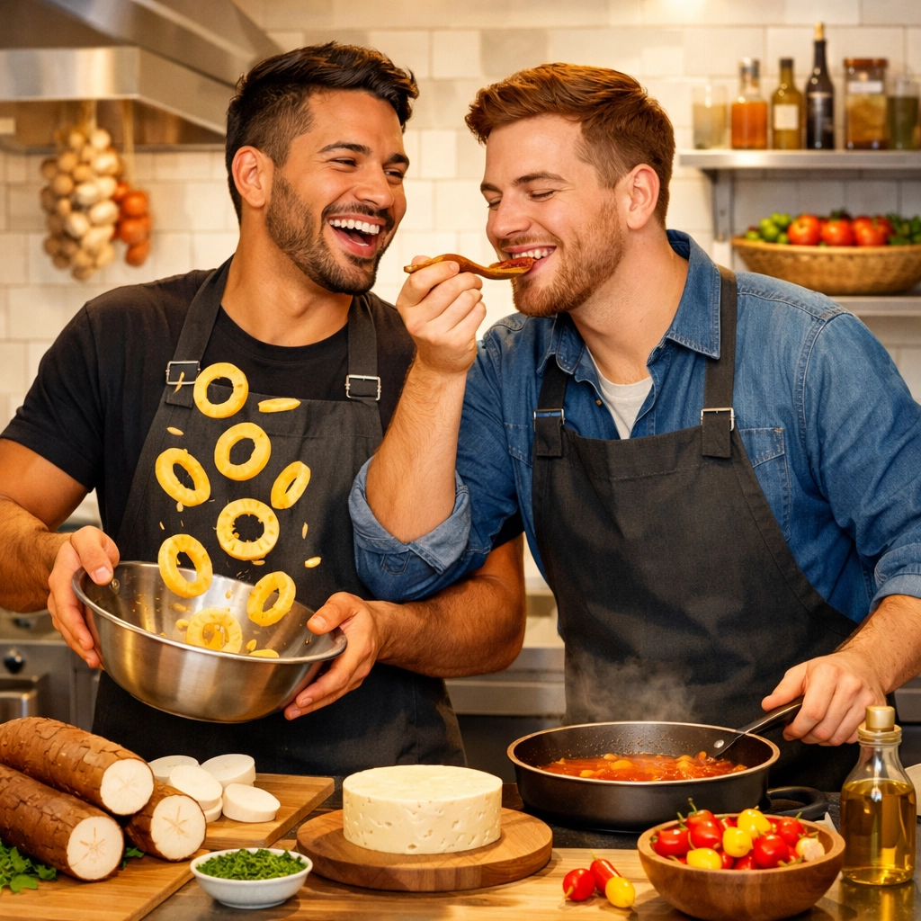 A happy gay couple preparing traditional Brazilian snacks together in a Belo Horizonte bar kitchen.