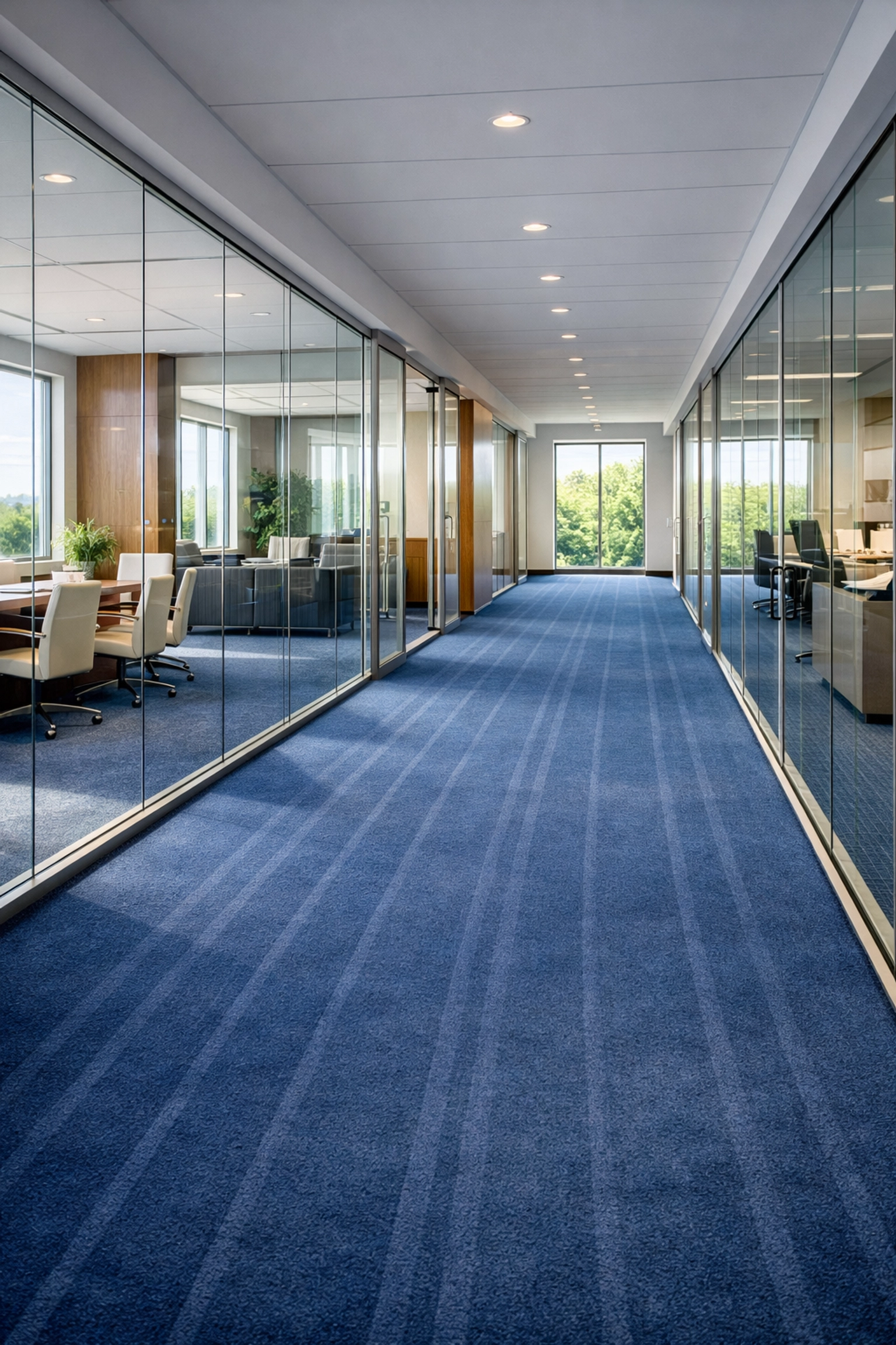 Clean corporate office hallway in Westchester NY with vacuumed carpets and glass partitions.