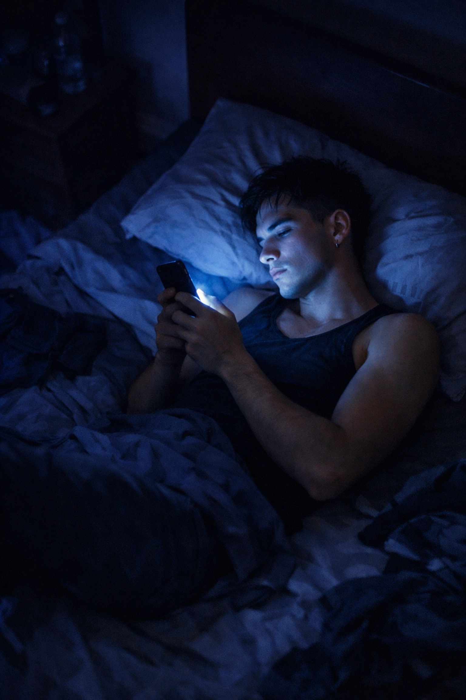 Gay man alone in bed at night with phone screen glow illustrating digital intimacy and LGBTQ+ isolation