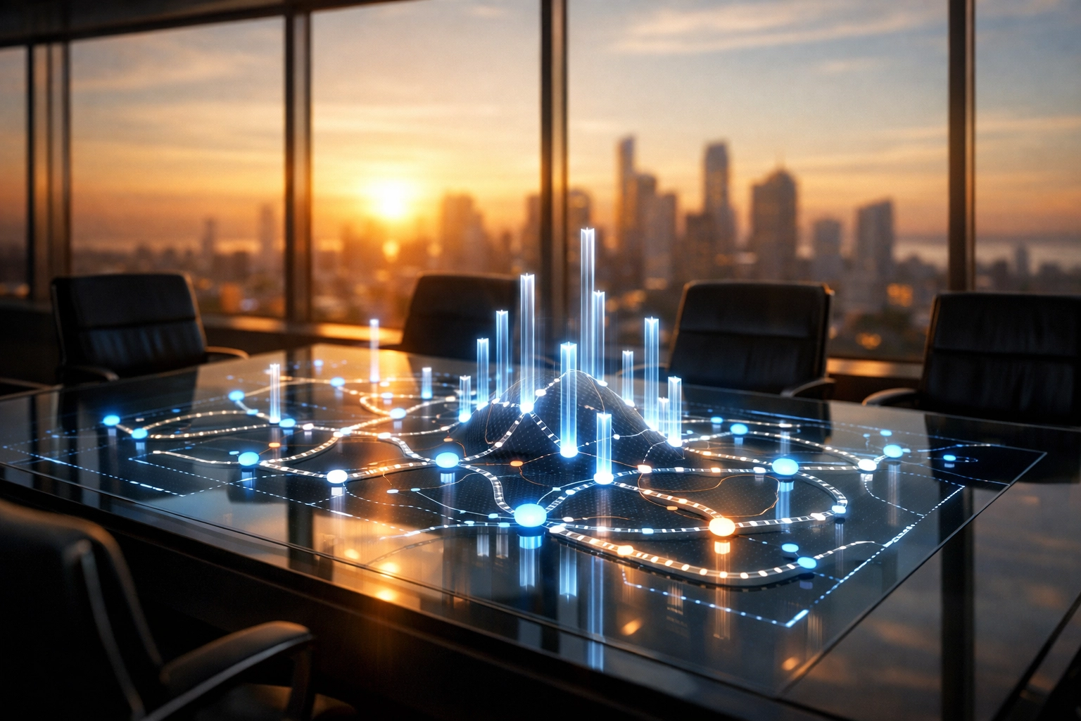 A holographic technology roadmap in a boardroom representing long-term IT infrastructure planning.