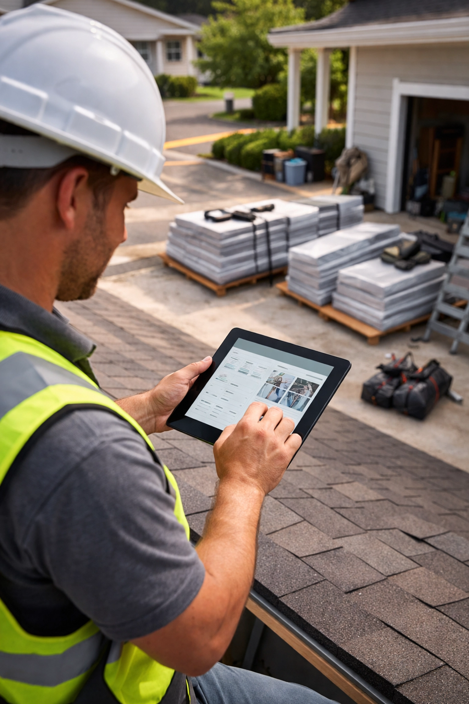Roofing contractor updating project progress on a tablet, illustrating jobsite technology and organization