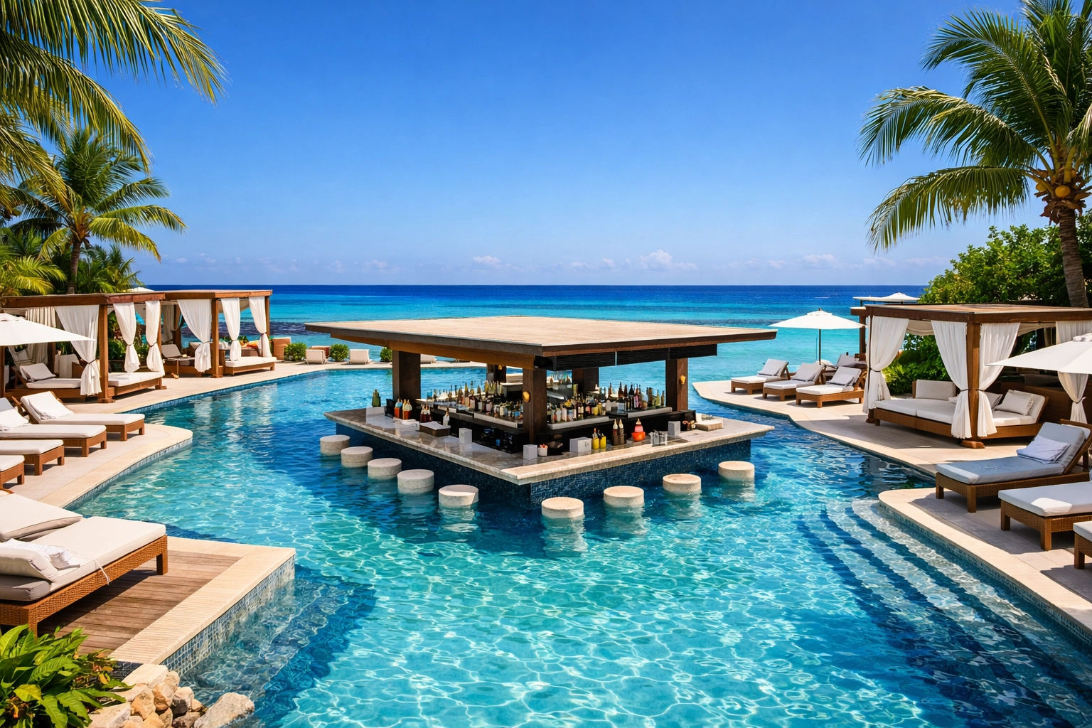 Luxury pool and swim-up bar at the new Royal Beach Club Cozumel overlooking the Caribbean Sea.