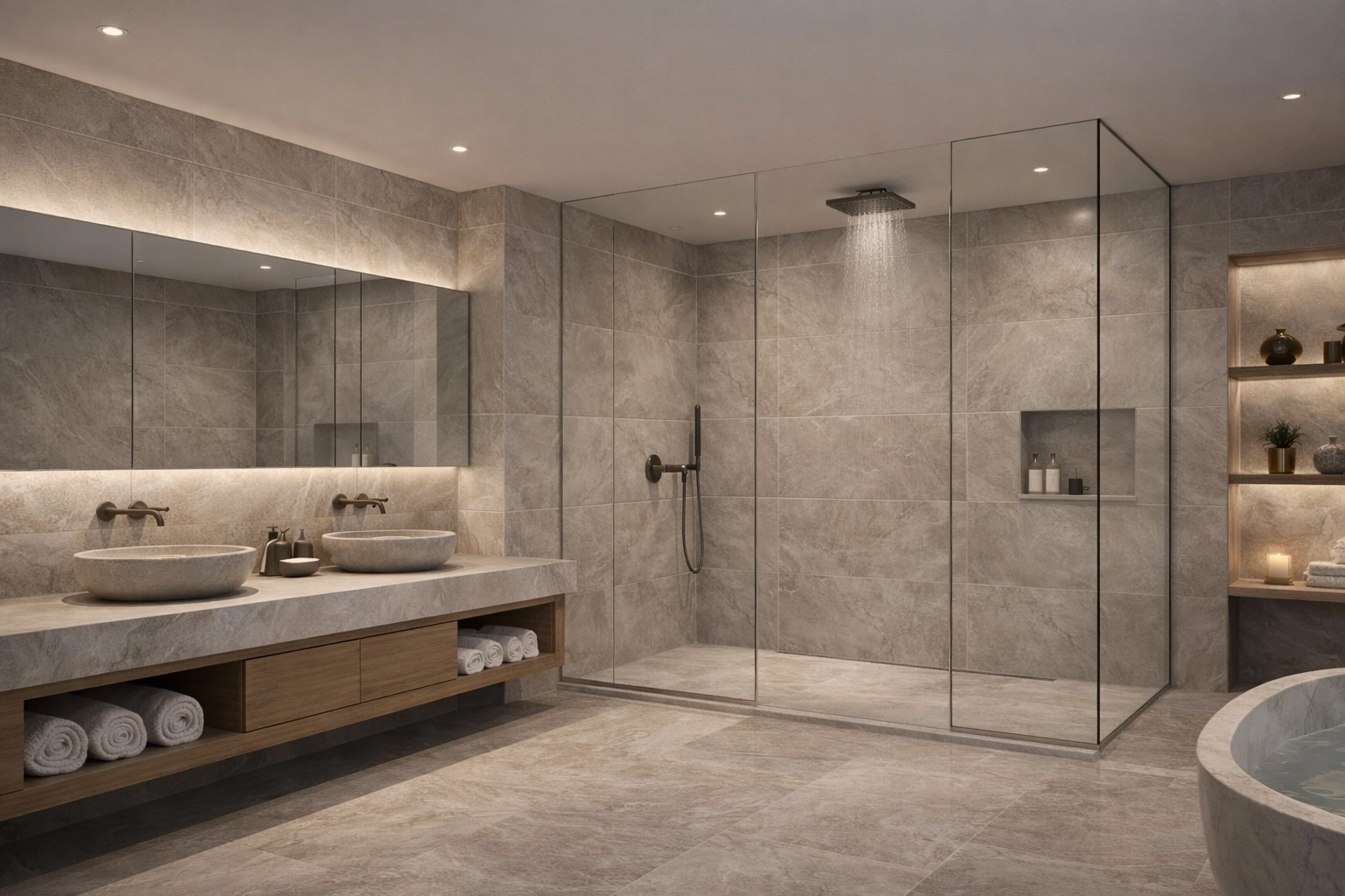 Photorealistic architectural visualisation-style luxury bathroom render with realistic tile texture, stone veining, and brushed metal fixtures - no people, no overlays