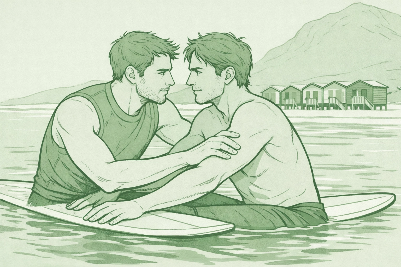 Step-brothers surfing lesson at Muizenberg Beach Cape Town - gay romance scene