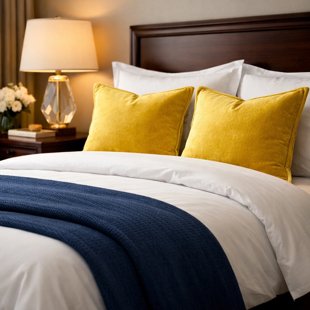 A perfectly made bed and dusted bedroom following a scheduled weekly house cleaning.