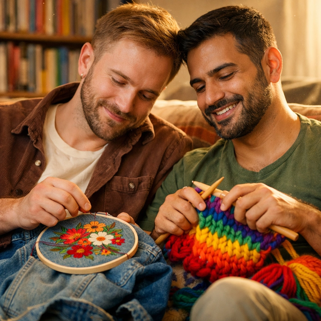 Two gay men crafting in a living room, illustrating how queer hobbies foster authentic LGBTQ+ community connection.