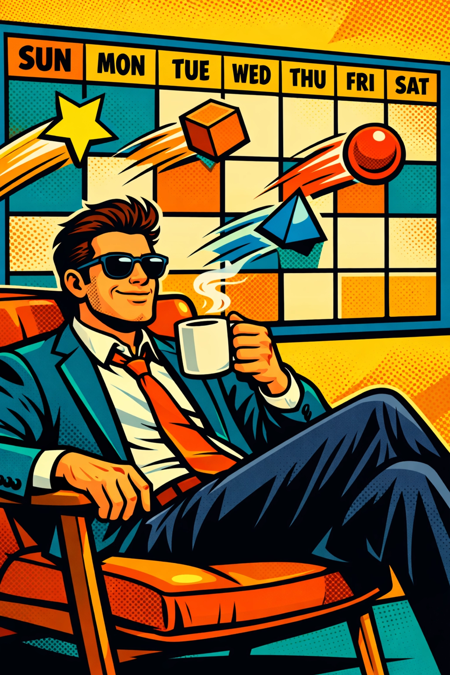 Entrepreneur relaxing with coffee while an AI calendar tool automatically manages meeting schedules.