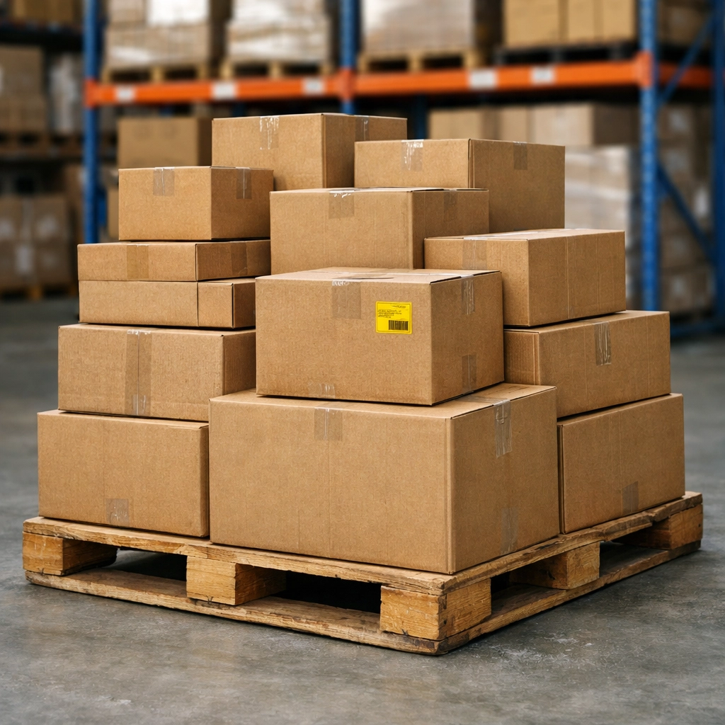 Stacked liquidation pallets with wholesale electronics and tools in a verified USA warehouse distribution center.