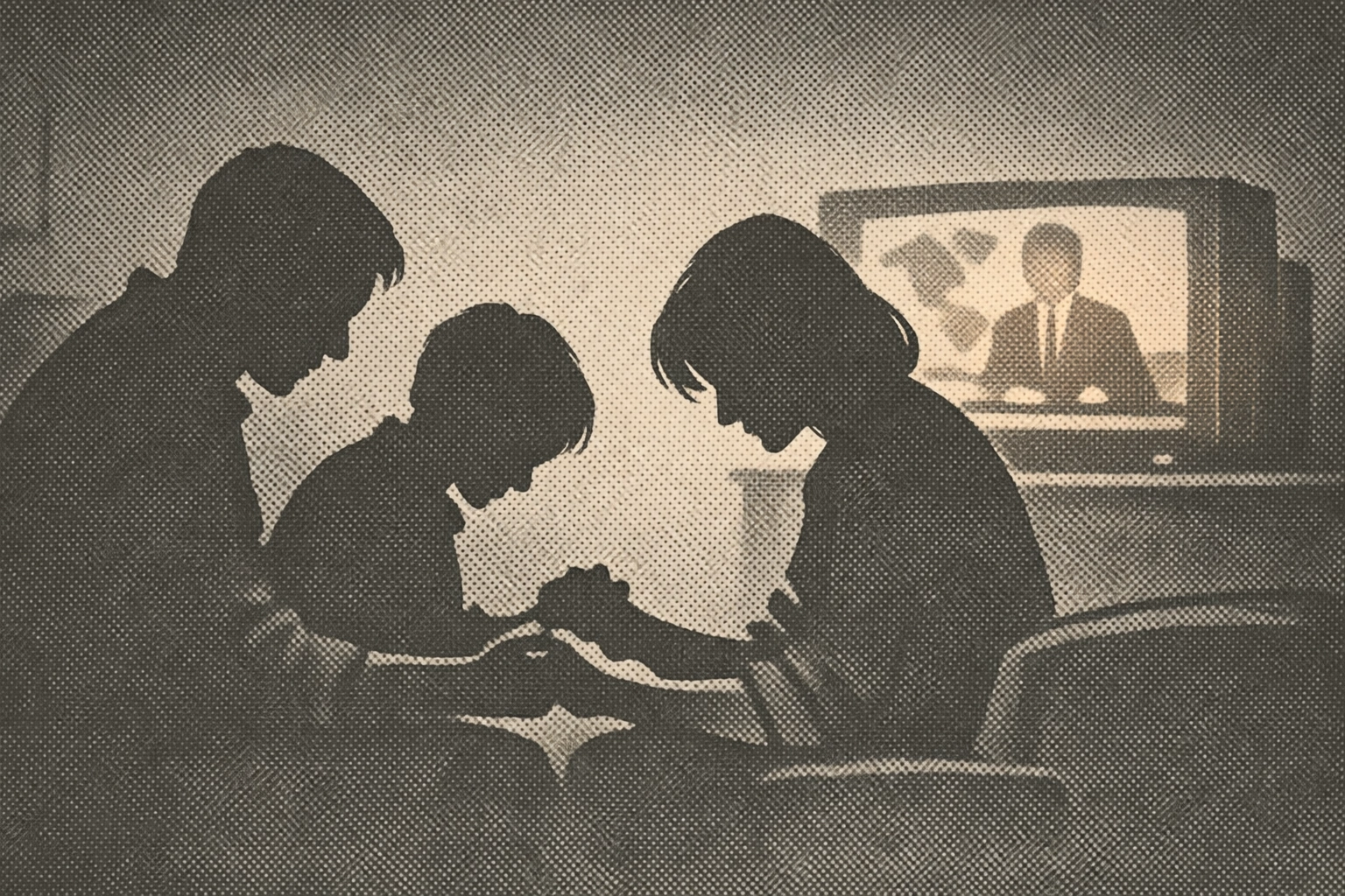 Silhouetted family holding hands in prayer while watching a news broadcast of global unrest.