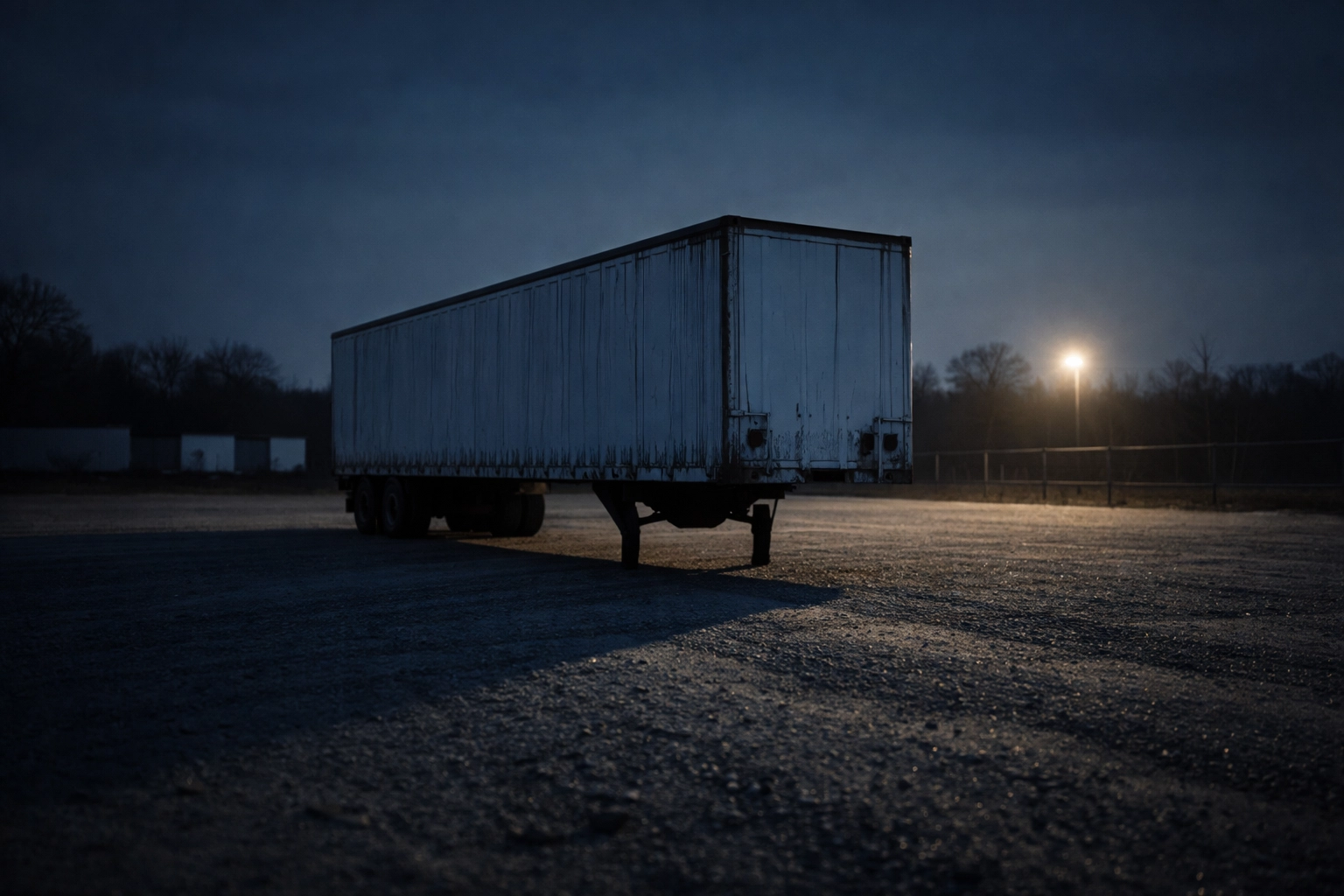 Trailer parked in a dimly lit area, highlighting the challenges of asset visibility and security in fleet management.