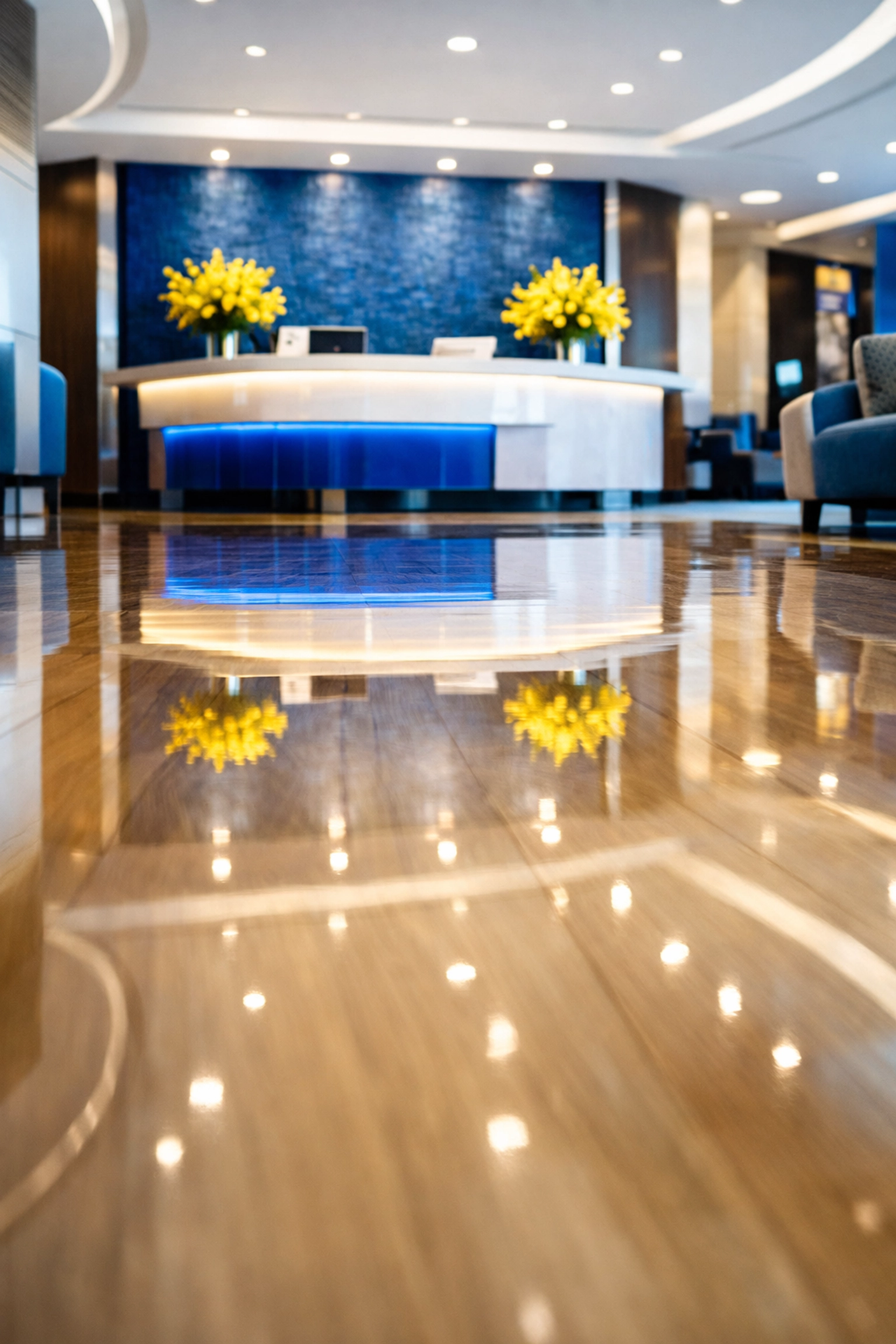Shining polished wood floors in a luxury Milford commercial lobby after an office cleaning Milford.