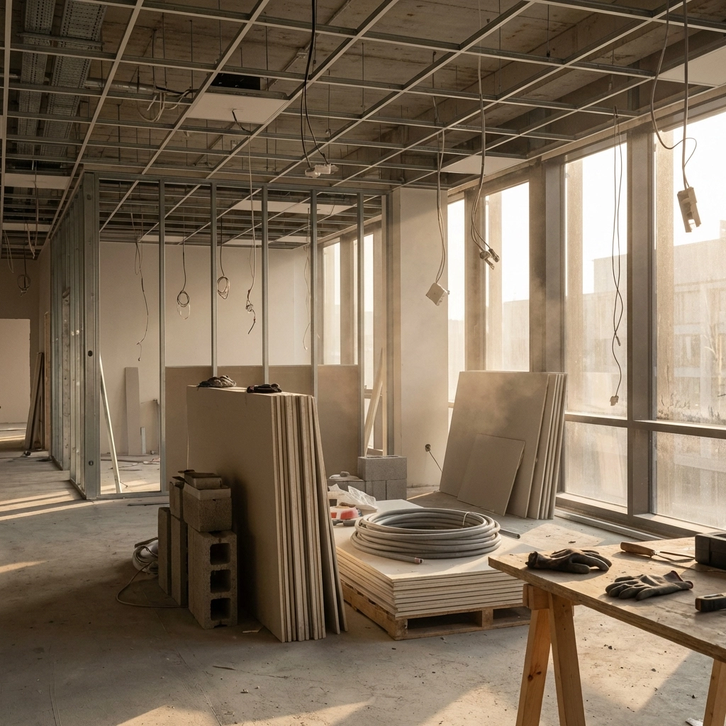 A commercial office space in Adelaide undergoing make-good works, with stripped-out interiors and building materials visible, illustrating end-of-lease obligations.