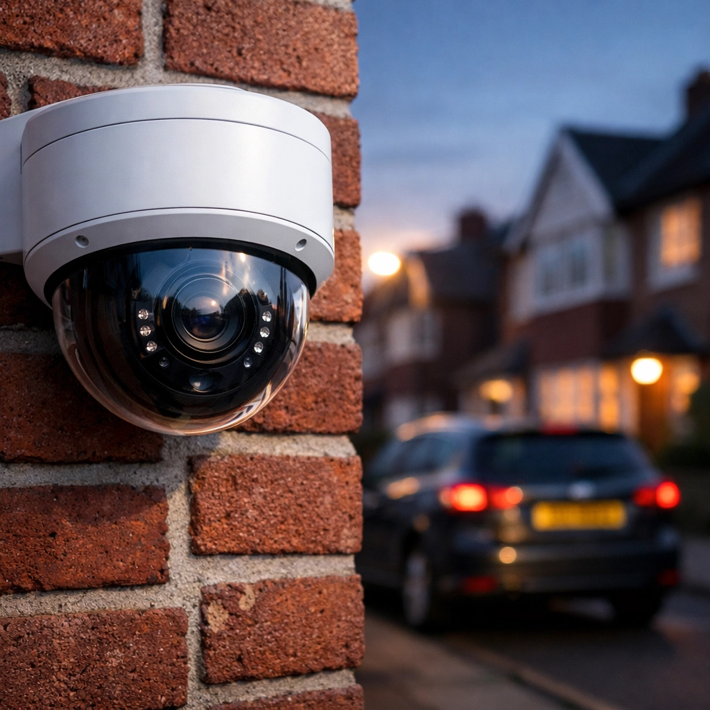 Professional CCTV installation in Slough featuring a high-definition dome camera on a red-brick house.