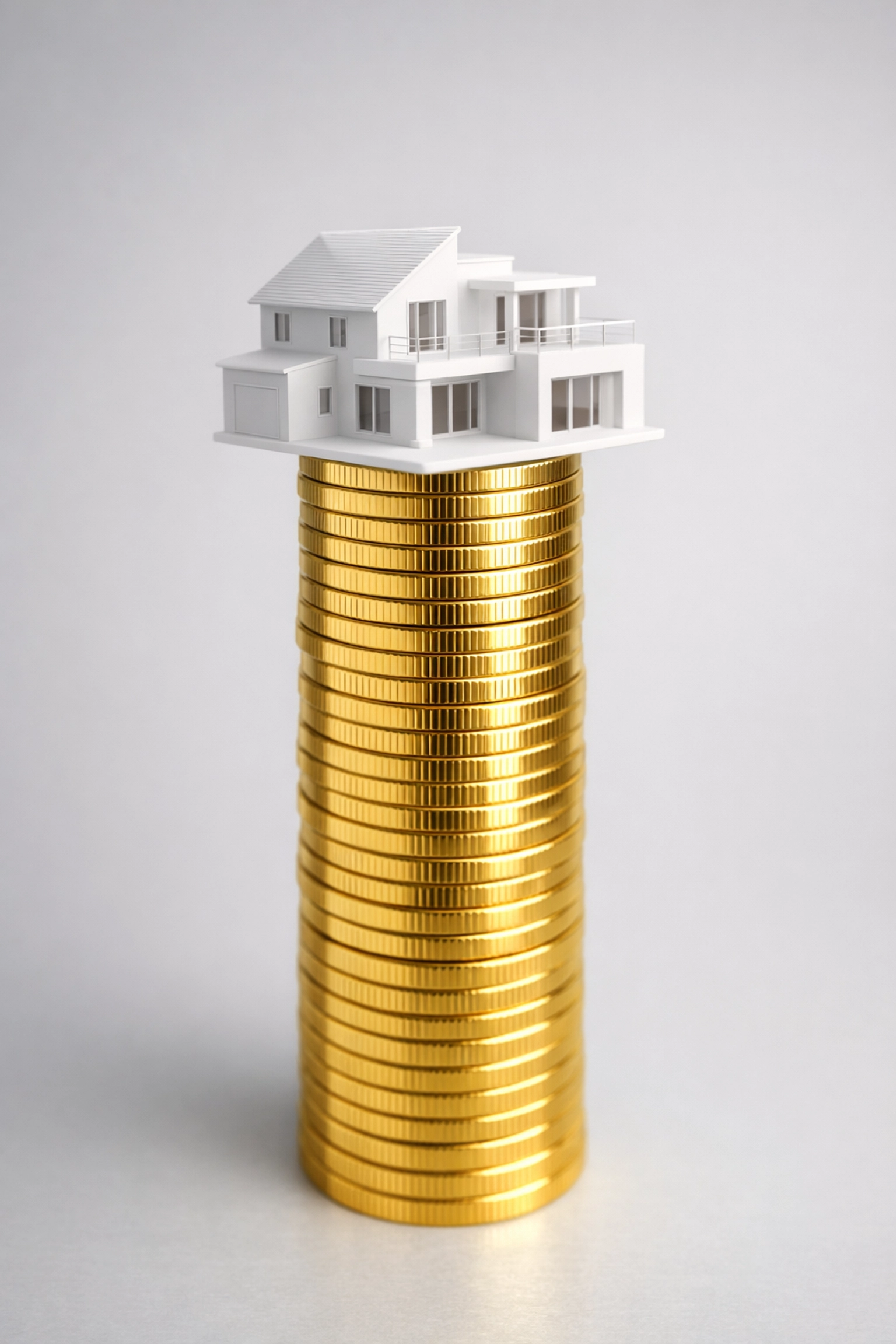 A house model on a stack of gold coins representing a solid financial foundation for a project.