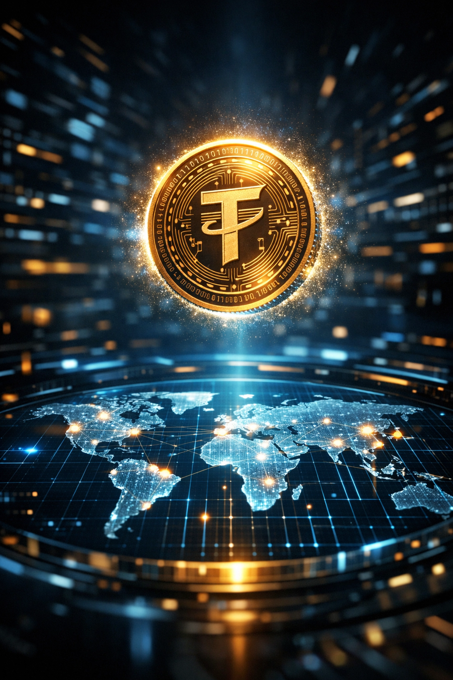 Digital currency coin over a holographic world map representing stable LUSD Web3 global payments