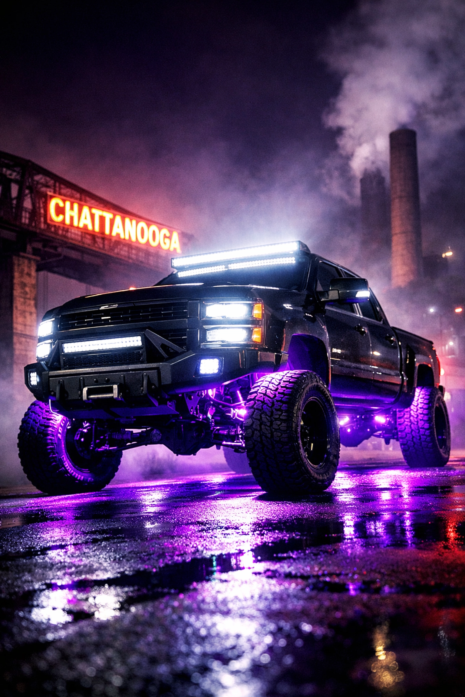 Modified truck in Chattanooga with custom LED light bars and purple rock lights for off-road style.