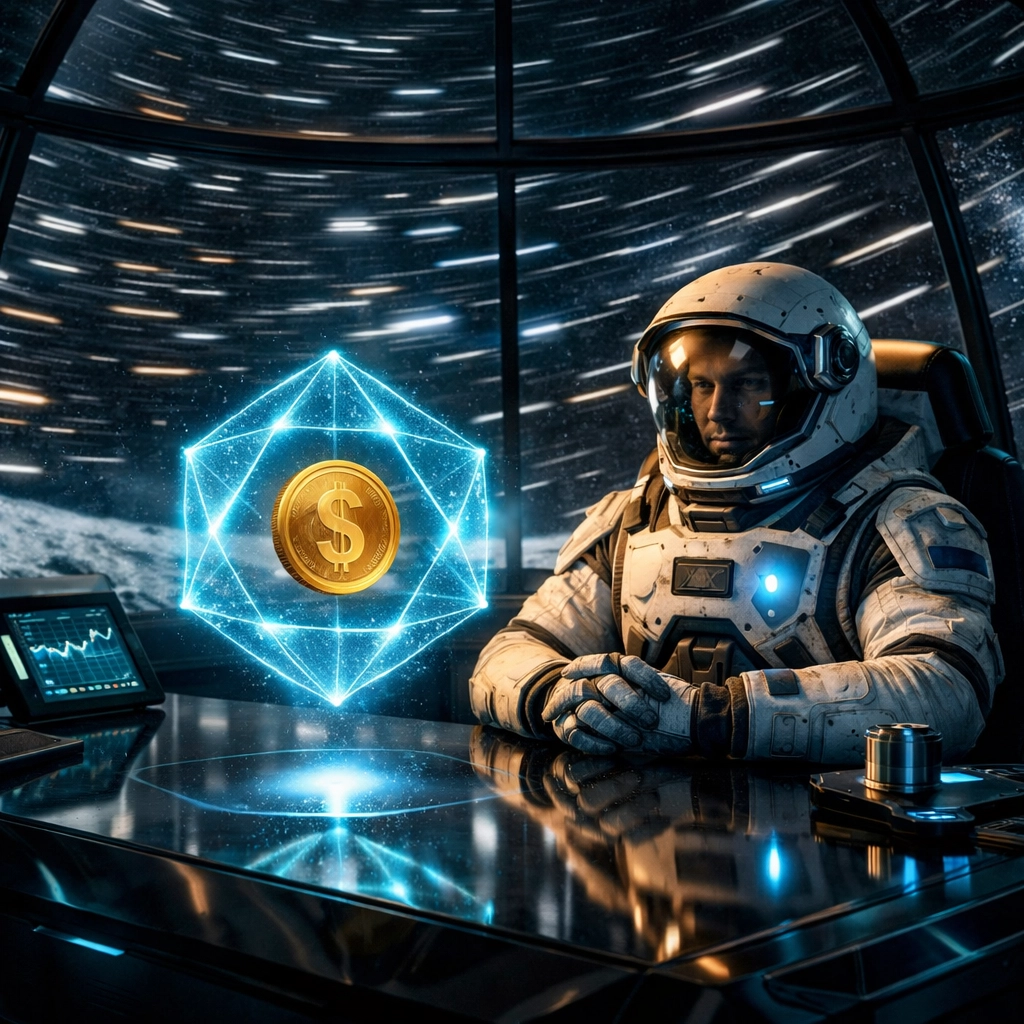 A glowing digital token representing LUSD stablecoin stability and secure Web3 global payments in a futuristic setting.