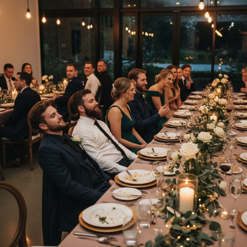 People in formal wear seated at a long, flower-adorned table, lit by hanging lights, creating a warm, elegant atmosphere.