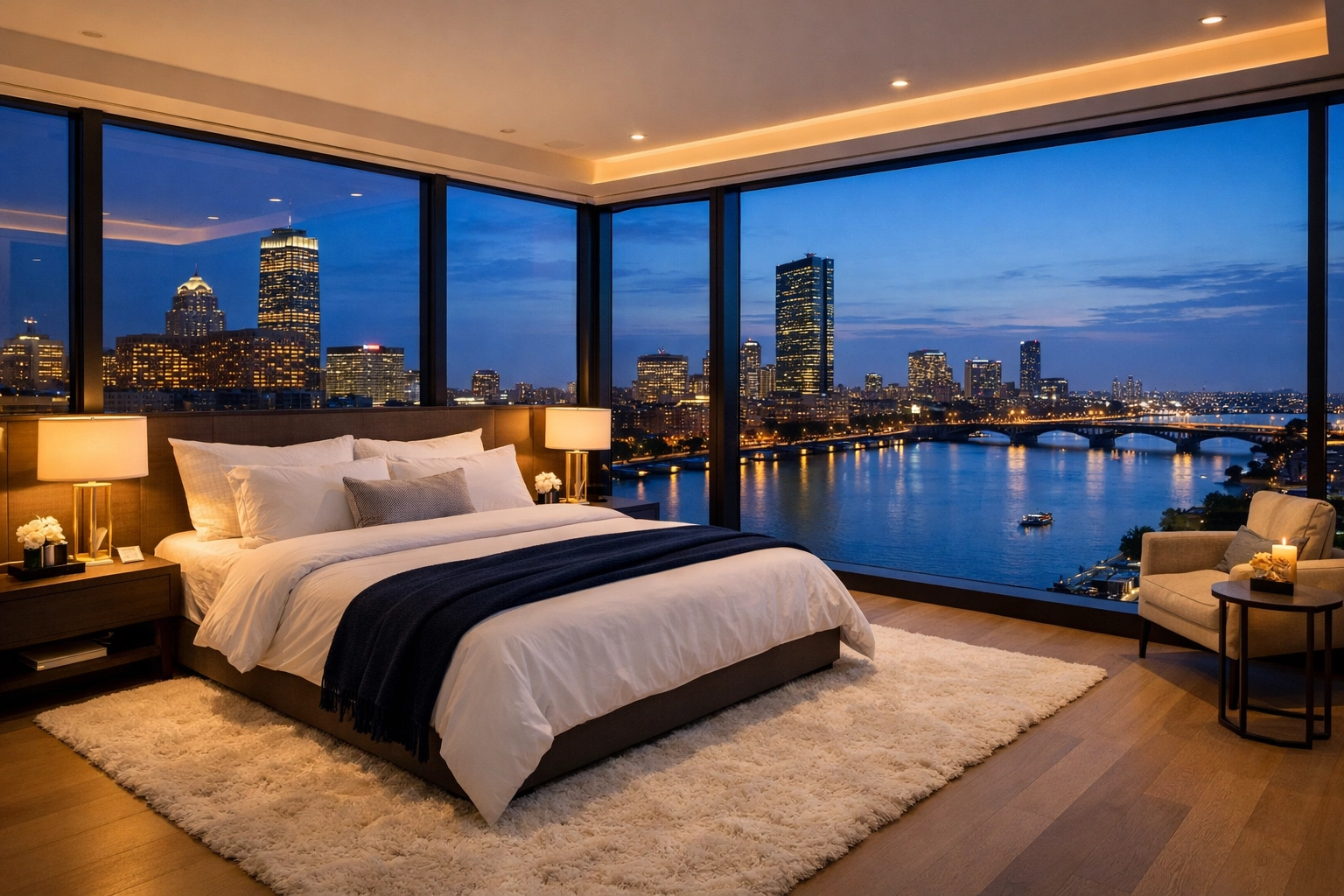 Impeccably clean penthouse bedroom overlooking the Charles River after a luxury maid service Cambridge.