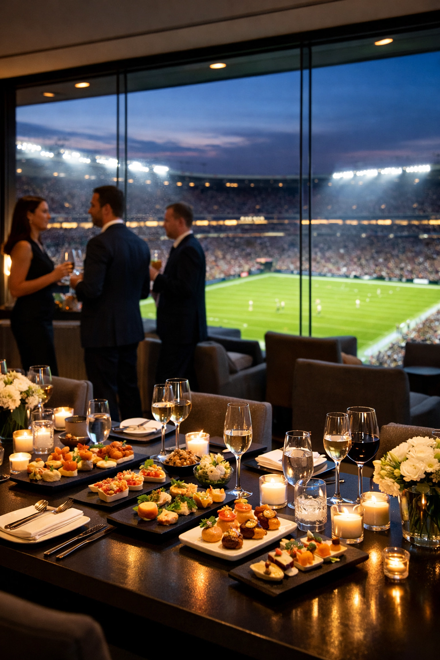 VIP Super Bowl hospitality suite with gourmet dining overlooking a brightly lit stadium.