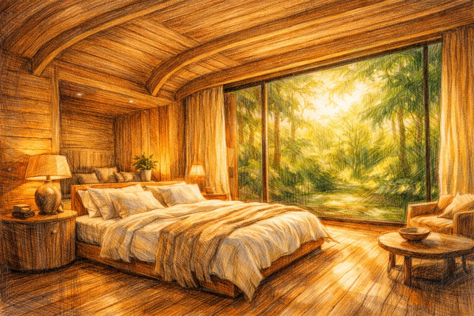 Wood-wrapped sustainable luxury hotel suite overlooking a lush green garden sanctuary.