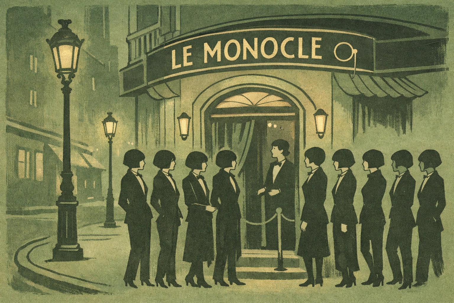 Women in tuxedos queue outside Le Monocle nightclub on Boulevard Edgar-Quinet in 1920s Paris