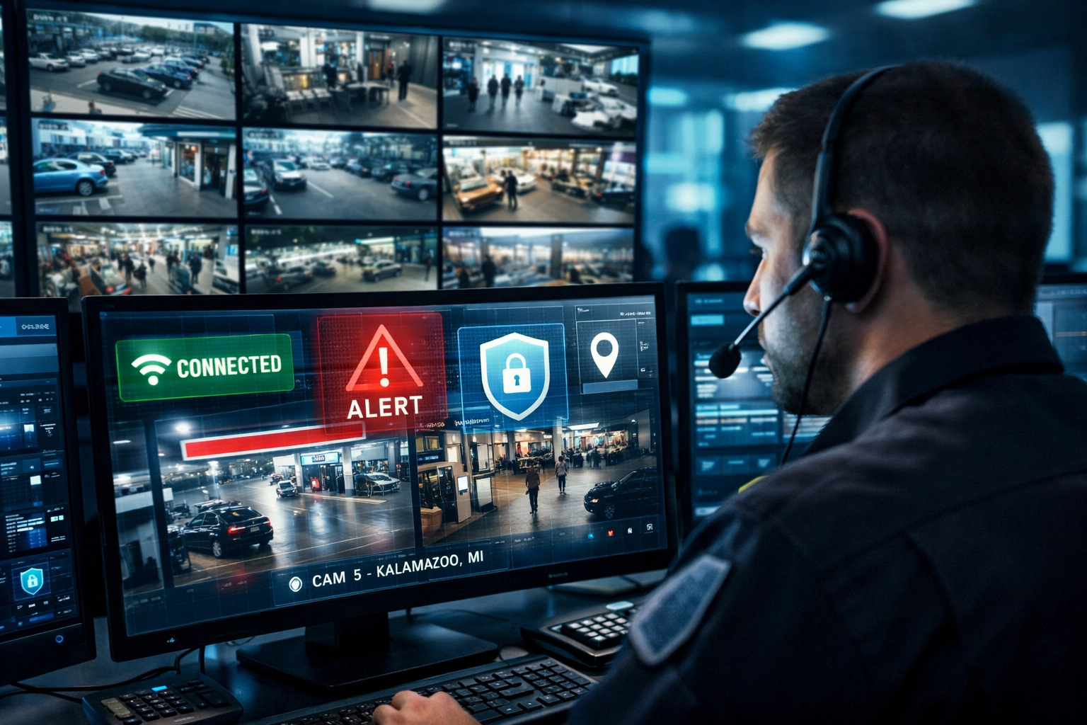 911 dispatcher monitoring live security camera feeds from Michigan businesses during emergency response