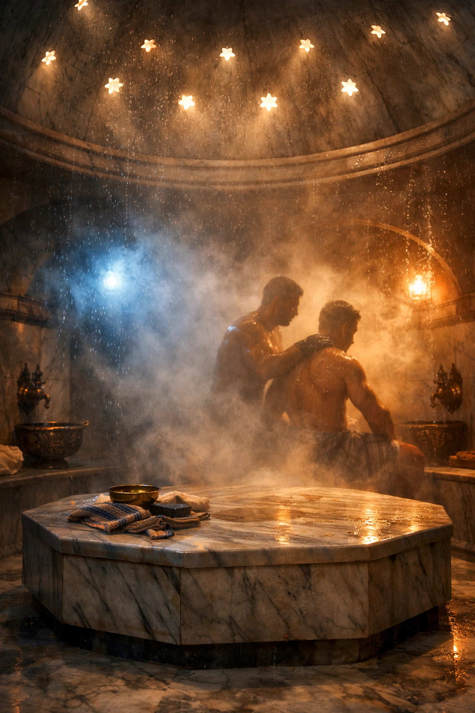 Turkish hammam bathhouse with two men in steamy marble interior for MM historical romance