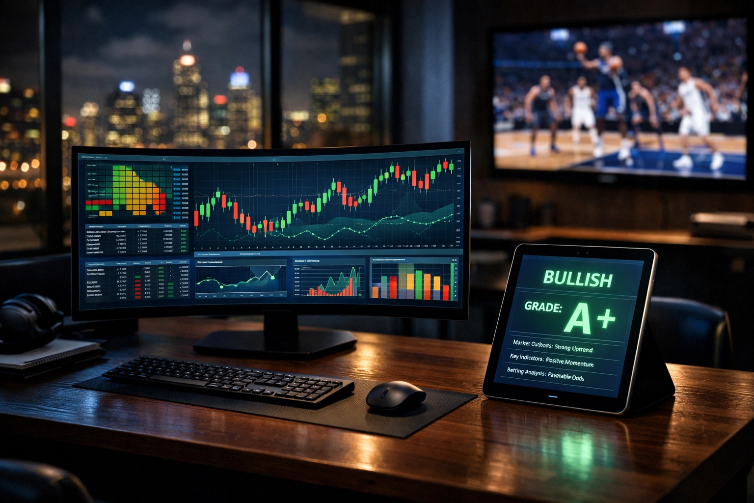 Sports betting analytics war room with monitors displaying bullish NBA betting trend reports.