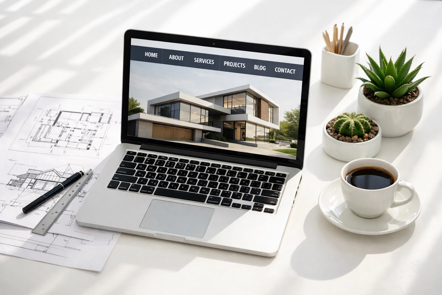 Contractor website navigation menu on laptop with architectural sketches