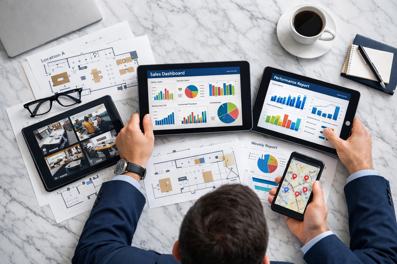 District manager reviewing multi-unit restaurant operations across tablets and location maps