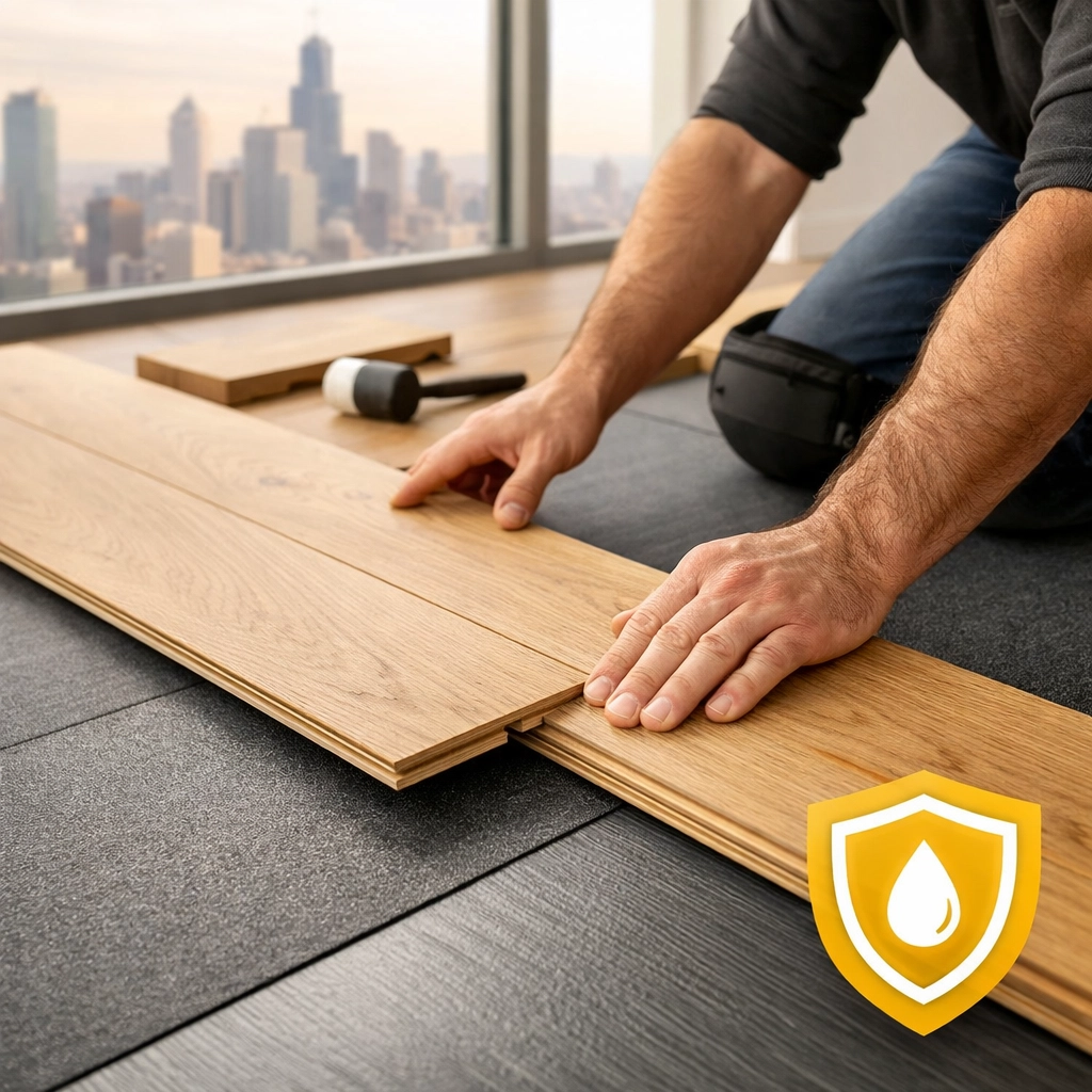 Floating engineered wood floor installation with moisture barrier underlayment in a Chicago high-rise.